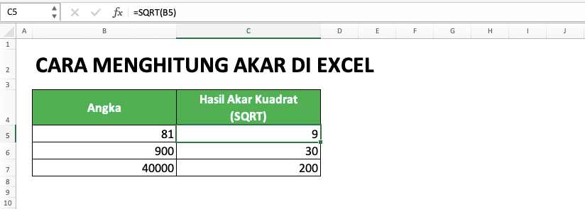 Cara Menghitung Akar di Excel Beserta Berbagai Rumus dan Fungsinya - Screenshot Contoh Penggunaan Cara Rumus SQRT
