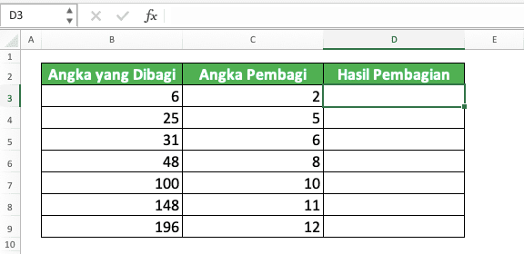 Cara Membagi di Excel - Screenshot Data Untuk Contoh Pembagian Kolom di Excel