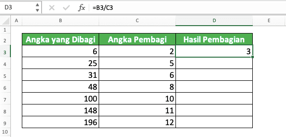 Cara Membagi di Excel - Screenshot Rumus Pertama Untuk Pembagian Kolom di Excel