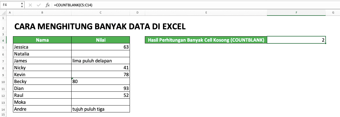 Cara Menghitung Banyak Data di Excel: Berbagai Rumus Serta Fungsinya - Screenshot Contoh COUNTBLANK