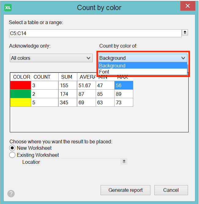 Cara Menghitung Banyak Data di Excel: Berbagai Rumus Serta Fungsinya - Screenshot Pilihan Dropdown Kanan di Dialog Box Count by Color XLTools
