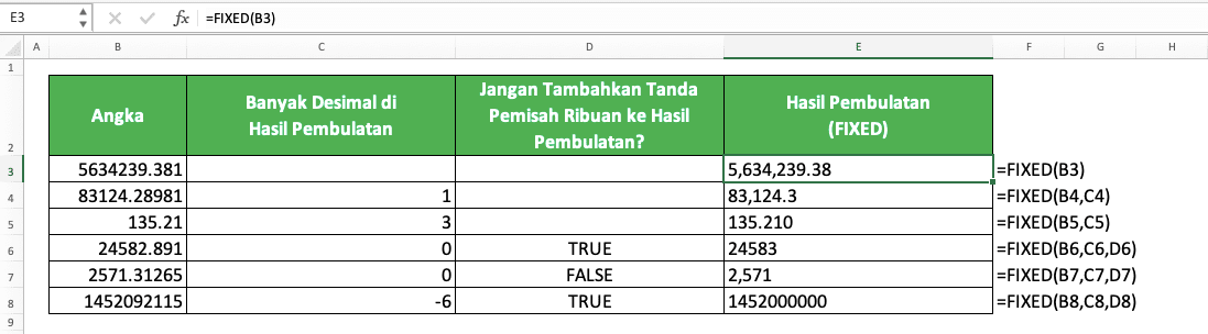 Cara Membulatkan Angka di Excel Menggunakan Berbagai Rumus Pembulatan Excel - Screenshot Contoh Implementasi FIXED