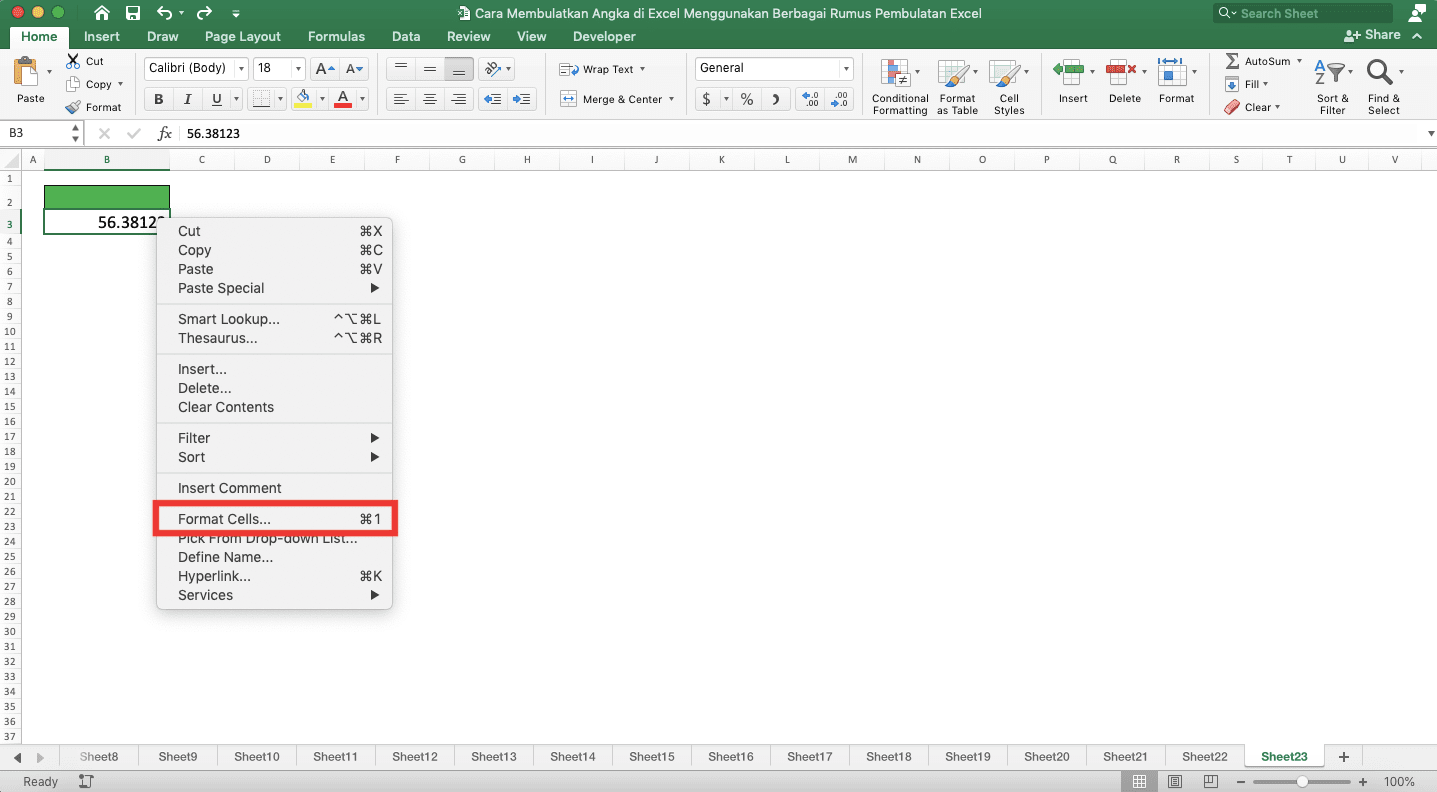 Cara Membulatkan Angka di Excel Menggunakan Berbagai Rumus Pembulatan Excel - Screenshot Lokasi Pilihan Format Cells... dalam Menu Klik Kanan Cell