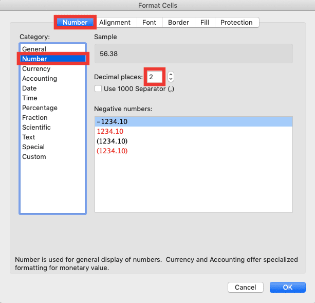 Cara Membulatkan Angka di Excel Menggunakan Berbagai Rumus Pembulatan Excel - Screenshot Lokasi Tab Number, Kategori Number, dan Boks Teks Decimal Places di Dialog Box Format Cells