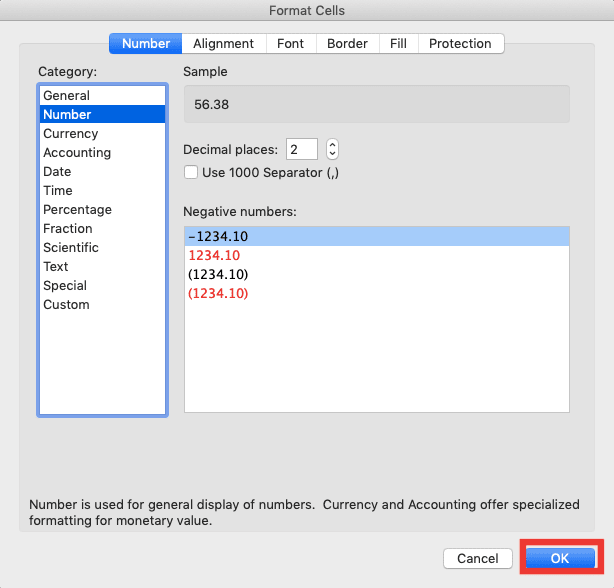 Cara Membulatkan Angka di Excel Menggunakan Berbagai Rumus Pembulatan Excel - Screenshot Lokasi Tombol OK di Dialog Box Format Cells