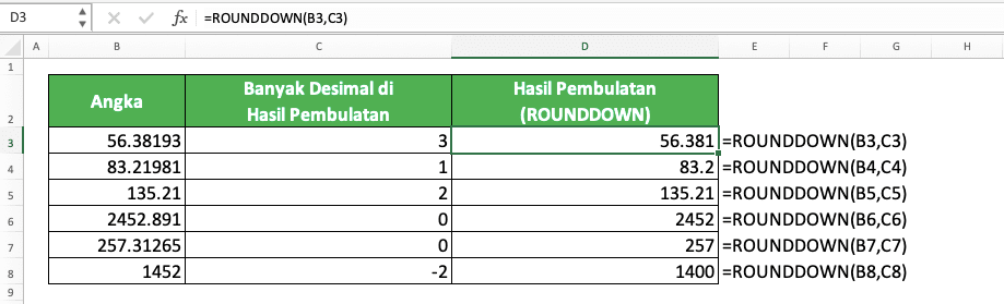 Cara Membulatkan Angka di Excel Menggunakan Berbagai Rumus Pembulatan Excel - Screenshot Contoh Implementasi ROUNDDOWN