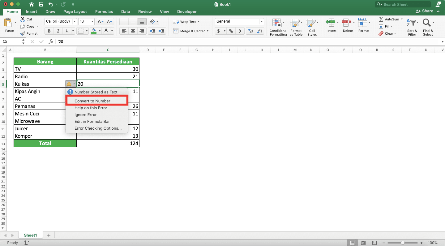 Cara Menjumlahkan di Excel Beserta Berbagai Rumus/Fungsinya - Screenshot Lokasi Convert to Number di Pilihan Kotak Segitiga Tanda Seru di Excel