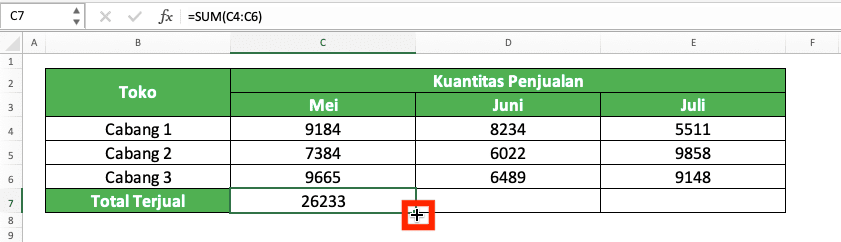 Cara Menjumlahkan di Excel Beserta Berbagai Rumus/Fungsinya - Screenshot Contoh Tanda + Untuk Penyalinan Rumus di Excel
