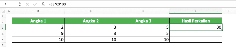 Cara Mengalikan di Excel Beserta Berbagai Rumus dan Fungsinya - Screenshot Rumus Contoh Perkalian Kolom di Excel