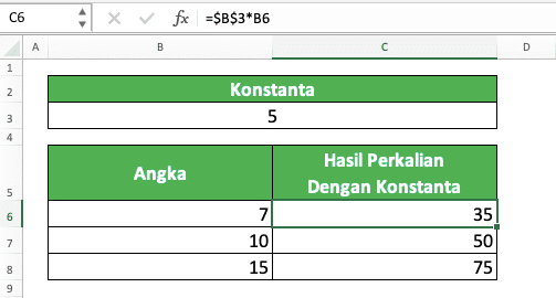 Cara Mengalikan di Excel Beserta Berbagai Rumus dan Fungsinya - Screenshot Contoh Metode Referensi Koordinat Cell Absolut Untuk Perkalian Dengan Konstanta di Excel