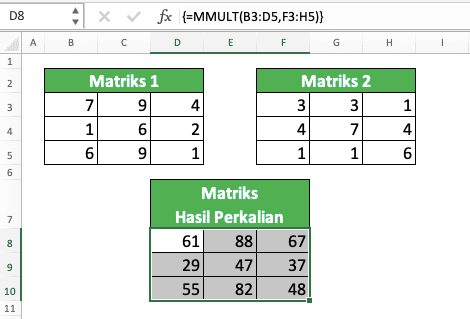 Cara Mengalikan di Excel Beserta Berbagai Rumus dan Fungsinya - Screenshot Contoh Penulisan Rumus MMULT dan Hasil Perkalian Matriks di Excel