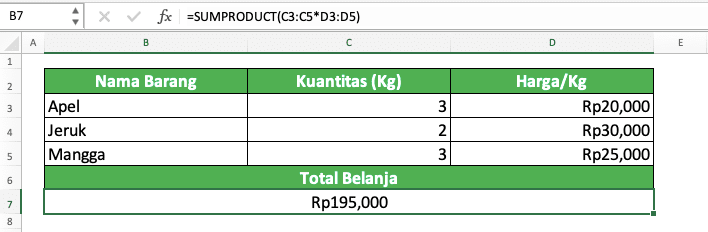 Cara Mengalikan di Excel Beserta Berbagai Rumus dan Fungsinya - Screenshot Contoh Penggunaan dan Hasil SUMPRODUCT Untuk Mengkombinasikan Penjumlahan dan Perkalian di Excel