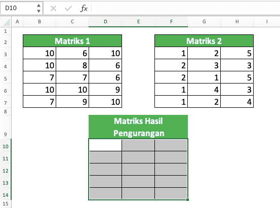 Cara Pengurangan di Excel Beserta Berbagai Rumus dan Fungsinya - Screenshot Contoh Penyorotan Cell Range Hasil Untuk Pengurangan Matriks di Excel