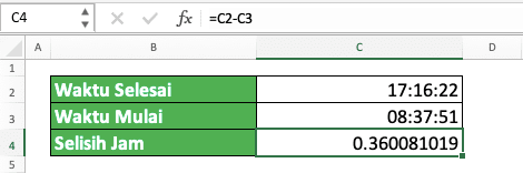 Cara Pengurangan di Excel Beserta Berbagai Rumus dan Fungsinya - Screenshot Contoh Pengurangan Waktu/Jam di Excel