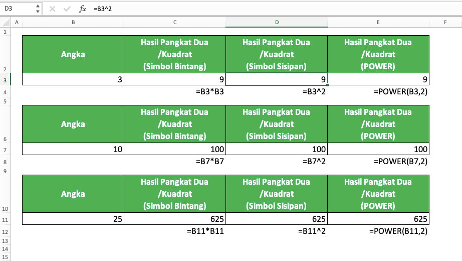 Cara Menghitung Pangkat di Excel - Screenshot Contoh Implementasi Perhitungan Pangkat Dua/Kuadrat