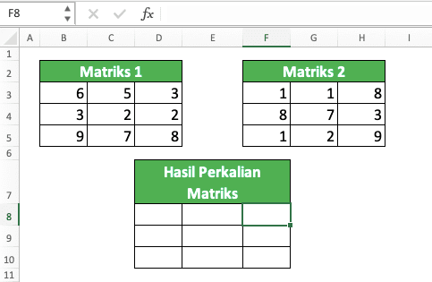 Cara Melakukan Perkalian Matriks di Excel - Screenshot Dua Matriks untuk Contoh Implementasi Rumus MMULT