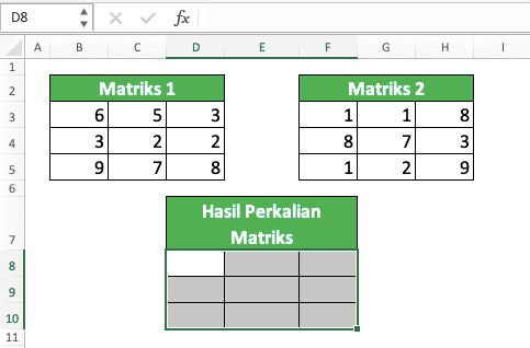 Cara Melakukan Perkalian Matriks di Excel - Screenshot Contoh Penyorotan Cell Range untuk Tempat Hasil Rumus MMULT