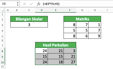 Cara Melakukan Perkalian Matriks di Excel - Screenshot Contoh Implementasi Perkalian Bilangan Skalar dengan Matriks