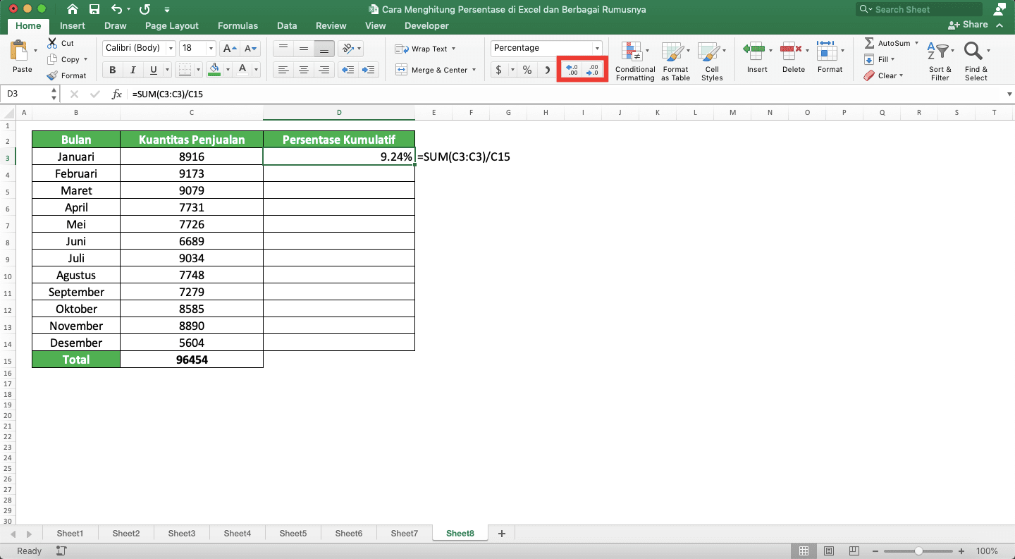 Cara Menghitung Persen di Excel dan Berbagai Rumusnya - Screenshot Contoh Penulisan Rumus Persentase Kumulatif dan Lokasi Tombol Increase Decimal/Decrease Decimal