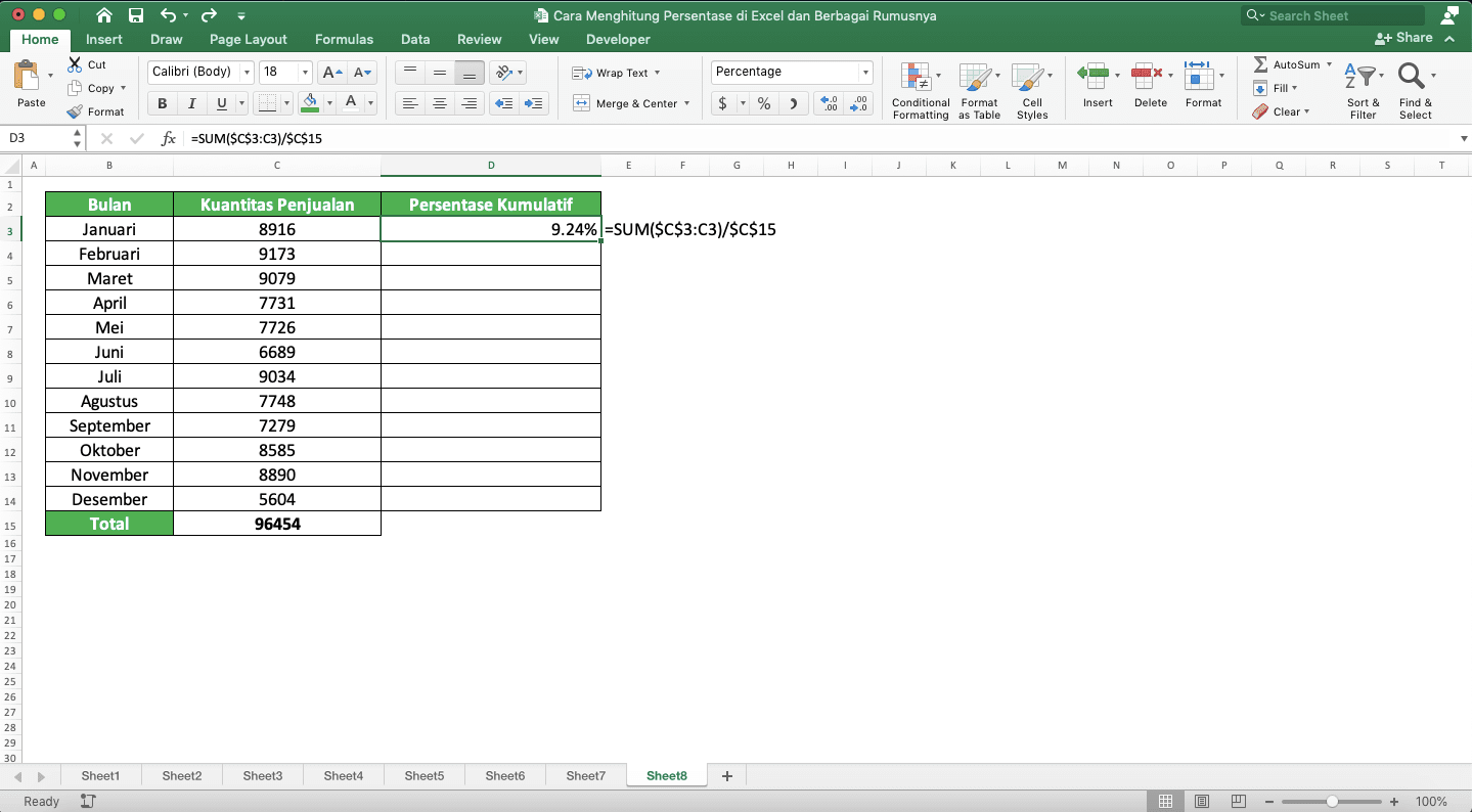 Cara Menghitung Persen di Excel dan Berbagai Rumusnya - Screenshot Contoh Penempatan Tanda Dolar dalam Rumus Perhitungan Persentase Kumulatif di Excel