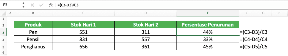 Cara Menghitung Persen di Excel dan Berbagai Rumusnya - Screenshot Contoh Cara Menghitung Persentase Pertumbuhan/Growth di Excel