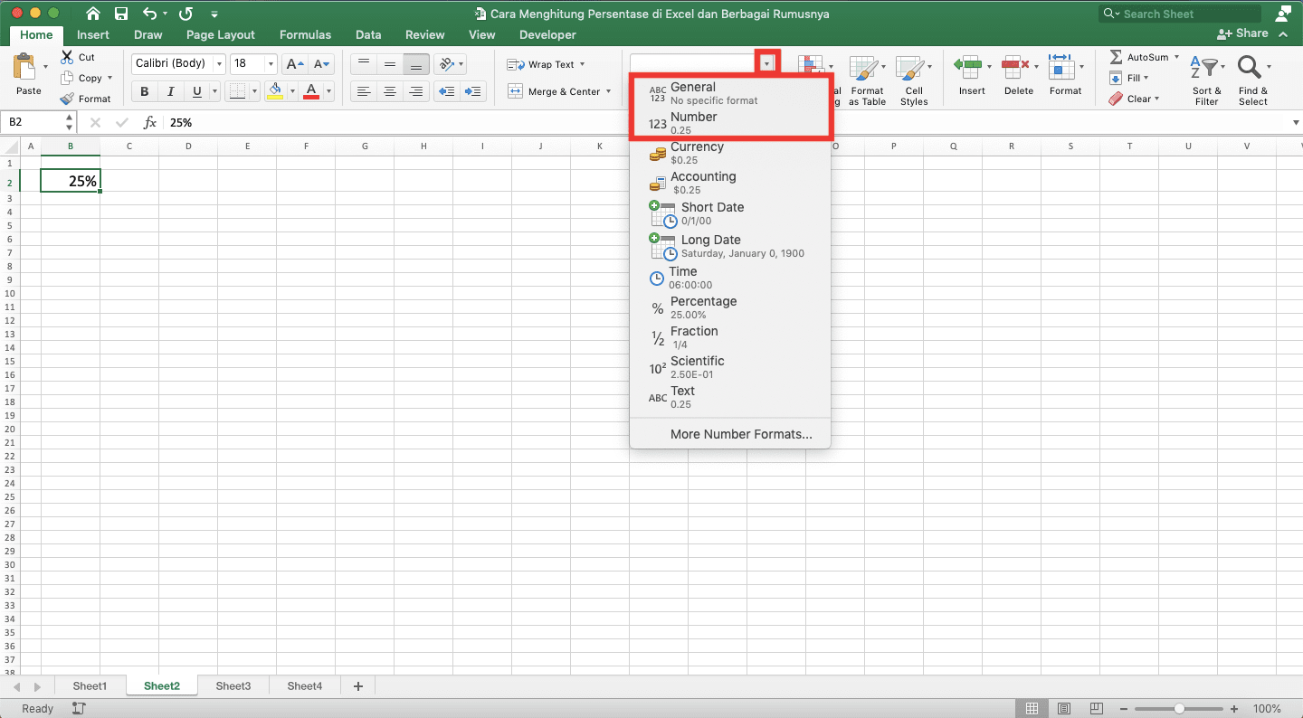 Cara Menghitung Persen di Excel dan Berbagai Rumusnya - Screenshot Lokasi Tab Home, Dropdown Format Data, dan Pilihan General & Number dari Dropdownnya