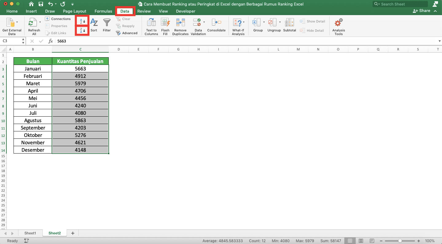 Cara Membuat Ranking/Peringkat di Excel dengan Berbagai Rumus Ranking Excel - Screenshot Cara Ranking Menggunakan Fitur Sort, Langkah 2