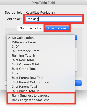 Cara Membuat Ranking/Peringkat di Excel dengan Berbagai Rumus Ranking Excel - Screenshot Lokasi Boks Teks Nama Nilai, Tab Show Data, dan Pilihan Dropdown Ranking