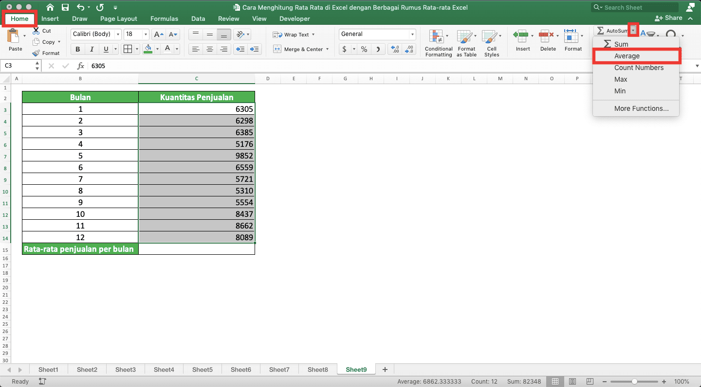 Cara Menghitung Rata-rata di Excel dengan Berbagai Rumus Rata-Rata Excel - Screenshot Lokasi Pilihan AutoAverage di Tab Home Excel