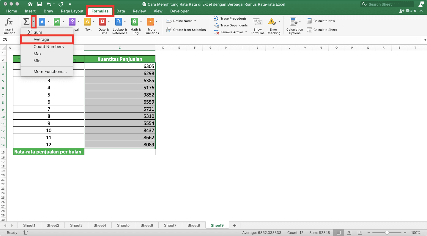 Cara Menghitung Rata-rata di Excel dengan Berbagai Rumus Rata-Rata Excel - Screenshot Lokasi Pilihan AutoAverage di Tab Formulas Excel