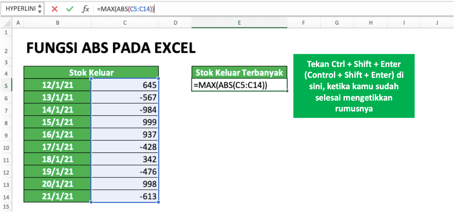 Cara Menggunakan Fungsi ABS Pada Excel: Kegunaan, Contoh, dan Penulisan Rumus - Screenshot Contoh Penulisan Rumus ABS yang Ingin Dibuat Menjadi Array
