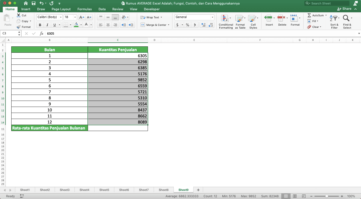 Rumus AVERAGE Excel Adalah; Fungsi, Contoh, dan Cara Menggunakannya - Screenshot Contoh Penempatan Kursor Cell untuk Mengaktifkan Fitur AutoAverage