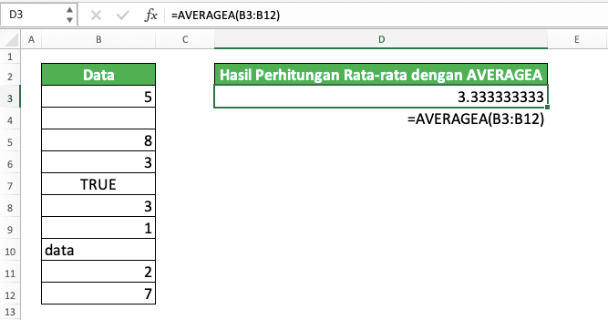 Rumus AVERAGEA Excel: Fungsi, Contoh, dan Cara Menggunakannya - Screenshot Contoh Implementasi AVERAGEA di Excel