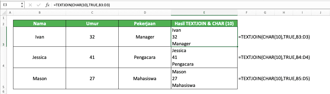 Rumus CONCAT Excel: Fungsi, Contoh, dan Cara Menggunakannya - Screenshot Contoh Implementasi TEXTJOIN & CHAR(10) di Excel