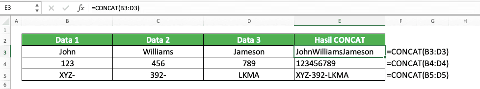 Rumus CONCAT Excel: Fungsi, Contoh, dan Cara Menggunakannya - Screenshot Contoh Implementasi CONCAT di Excel