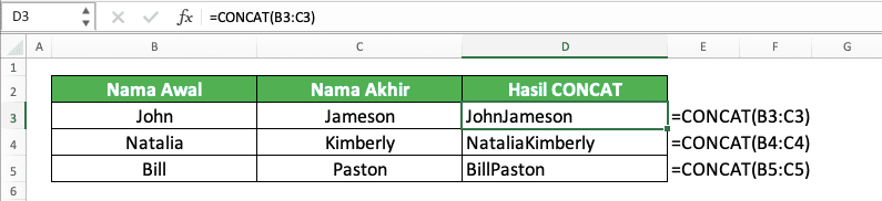 Rumus CONCAT Excel: Fungsi, Contoh, dan Cara Menggunakannya - Screenshot Contoh Implementasi CONCAT Pada Data 2 Kolom di Excel