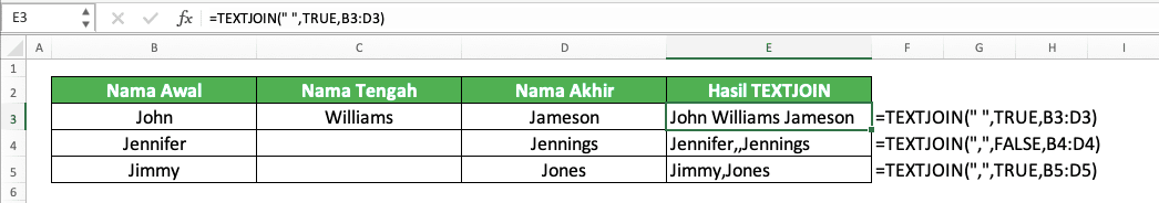 Rumus CONCAT Excel: Fungsi, Contoh, dan Cara Menggunakannya - Screenshot Contoh Implementasi TEXTJOIN di Excel