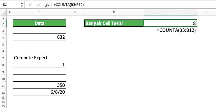 Rumus COUNTA Excel: Fungsi, Contoh, dan Cara Menggunakannya - Screenshot Contoh Implementasi COUNTA di Excel dengan Cell yang Tampak Kosong tapi Sebenarnya Tidak Kosong