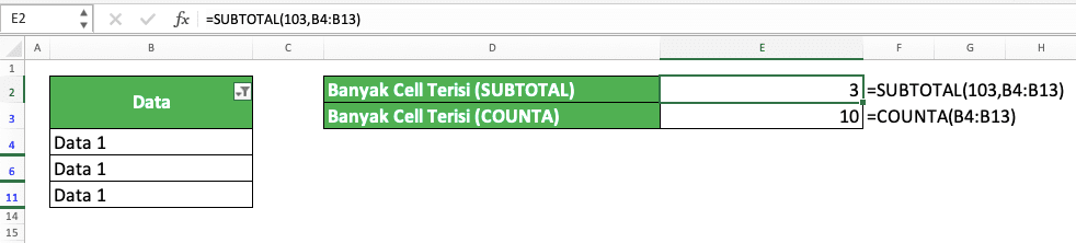Rumus COUNTA Excel: Fungsi, Contoh, dan Cara Menggunakannya - Screenshot Perbandingan Implementasi COUNTA dan SUBTOTAL pada Cell Range Terfilter di Excel
