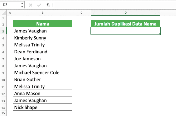 Fungsi/Rumus COUNTIF Excel: Kegunaan, Contoh, dan Cara Menggunakan - Screenshot Data Untuk Contoh Implementasi COUNTIF Untuk Menghitung Duplikasi di Excel