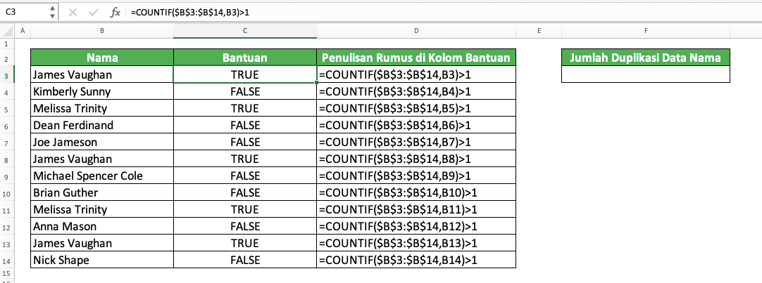 Fungsi/Rumus COUNTIF Excel: Kegunaan, Contoh, dan Cara Menggunakan - Screenshot Contoh COUNTIF di Kolom Bantuan Untuk Membantu Menghitung Data Duplikasi di Excel