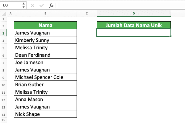 Fungsi/Rumus COUNTIF Excel: Kegunaan, Contoh, dan Cara Menggunakan - Screenshot Data Untuk Contoh Implementasi COUNTIF Untuk Menghitung Data Unik di Excel