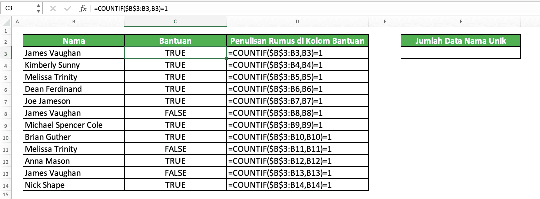 Fungsi/Rumus COUNTIF Excel: Kegunaan, Contoh, dan Cara Menggunakan - Screenshot Contoh COUNTIF di Kolom Bantuan Untuk Membantu Menghitung Data Unik di Excel