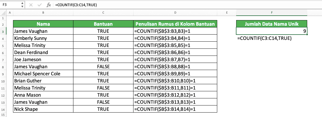 Fungsi/Rumus COUNTIF Excel: Kegunaan, Contoh, dan Cara Menggunakan - Screenshot Contoh COUNTIF Untuk Menghitung Data Unik di Excel