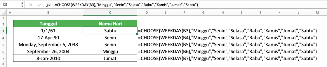 Cara Menggunakan Rumus DAY Excel: Fungsi, Contoh, dan Langkah Penulisan - Screenshot Contoh Implementasi CHOOSE WEEKDAY