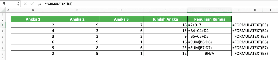 Cara Menggunakan Rumus FORMULATEXT Excel: Fungsi, Contoh, dan Langkah Penulisan - Screenshot Contoh Implementasi FORMULATEXT