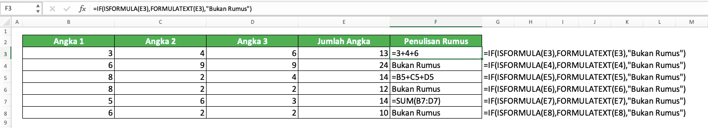 Cara Menggunakan Rumus FORMULATEXT Excel: Fungsi, Contoh, dan Langkah Penulisan - Screenshot Contoh Implementasi Kombinasi IF, ISFORMULA, dan FORMULATEXT