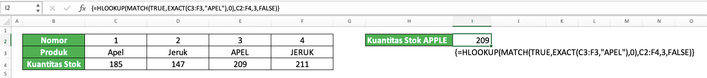 Rumus HLOOKUP di Excel: Fungsi, Contoh, dan Cara Menggunakannya - Screenshot Contoh Implementasi HLOOKUP yang Bisa Membedakan Huruf Besar dan Huruf Kecil