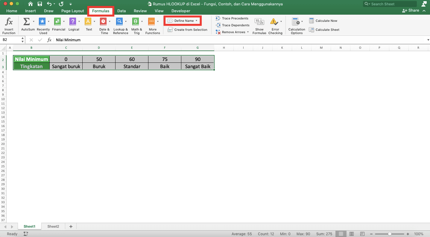Rumus HLOOKUP di Excel: Fungsi, Contoh, dan Cara Menggunakannya - Screenshot Lokasi Tab Formulas dan Tombol Define Name di Excel
