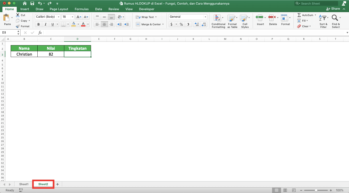 Rumus HLOOKUP di Excel: Fungsi, Contoh, dan Cara Menggunakannya - Screenshot Sheet Tempat Penulisan HLOOKUP untuk Contoh Implementasi HLOOKUP Beda Sheet di Excel